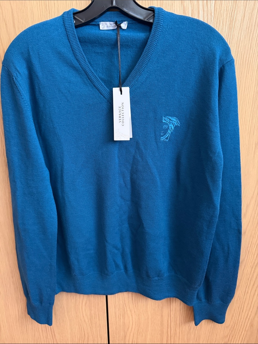 Versace 100% Wool Teal V-Neck Sweater with Embroidered Medusa
